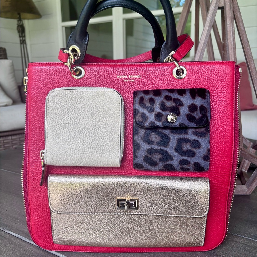 Henri Bendel Red and Gold Tote with Leopard Print
